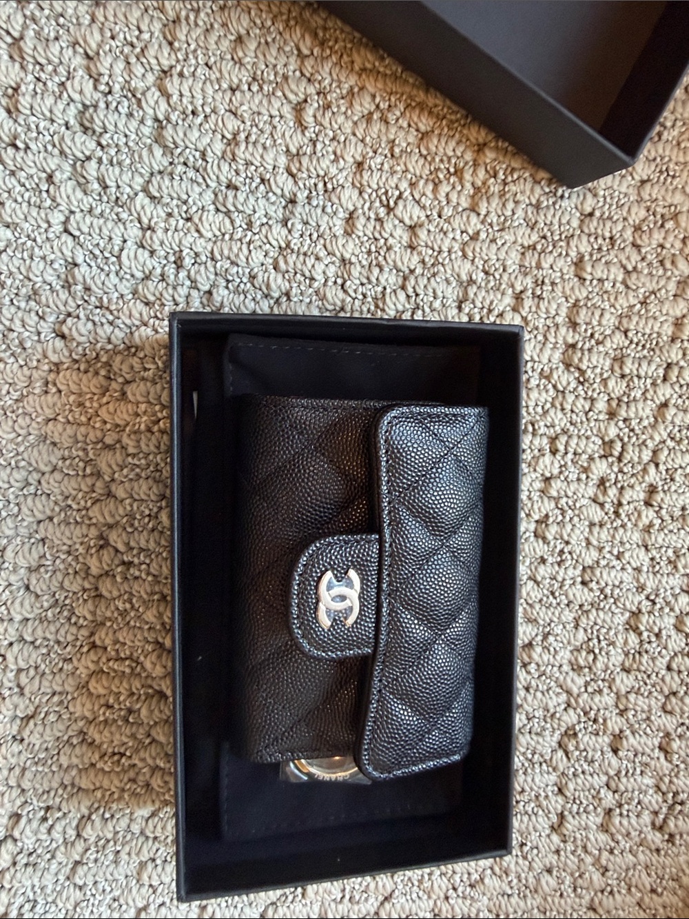 CHANEL Black Quilted Caviar Leather Key Pouch with Gold CC
